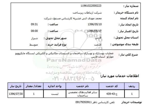 استعلام عملیات بهسازی و نوسازی ساختمان و تاسیسات مکانیکی و الکتریکی