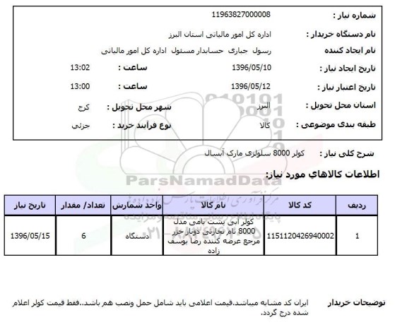 استعلام ,استعلام کولر 8000 سلولزی 96.5.10