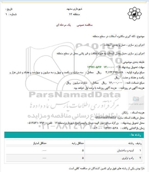 مناقصه عمومی ،مناقصه عمومی  لکه گیری مکانیزه آسفالت