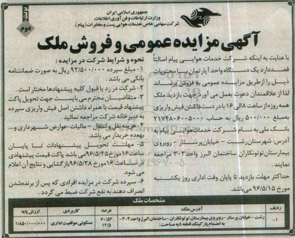 مزایده,مزایده یک دستگاه آپارتمان کاربری مسکونی موقعیت اداری نوبت دوم