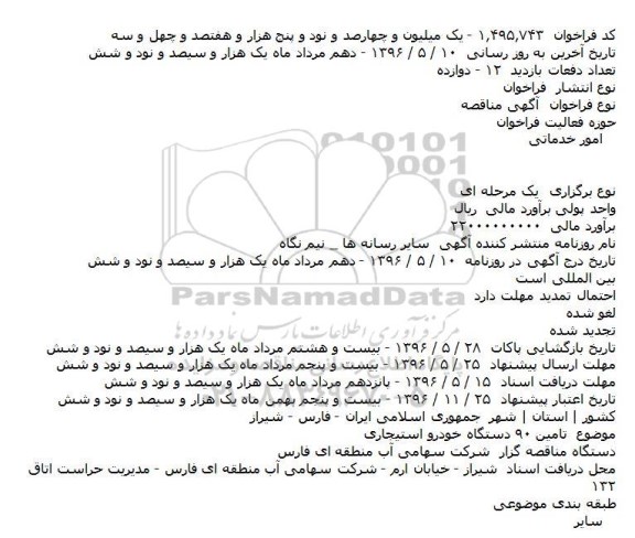 مناقصه تامين ۹۰ دستگاه خودرو استيجاری