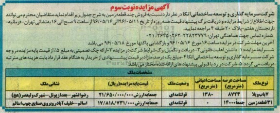 مزایده,مزایده فروش چند قطعه زمین مساحت 8724 و 14000متر نوبت دوم