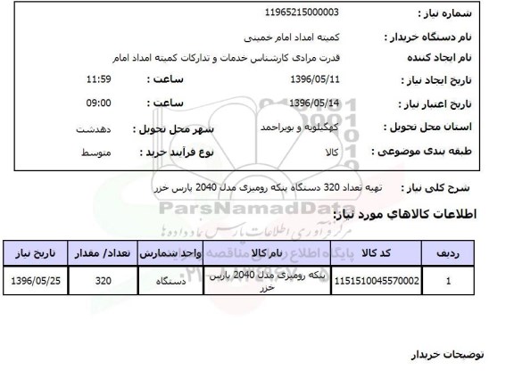 استعلام, استعلام تهیه تعداد 320 دستگاه پنکه رومیزی