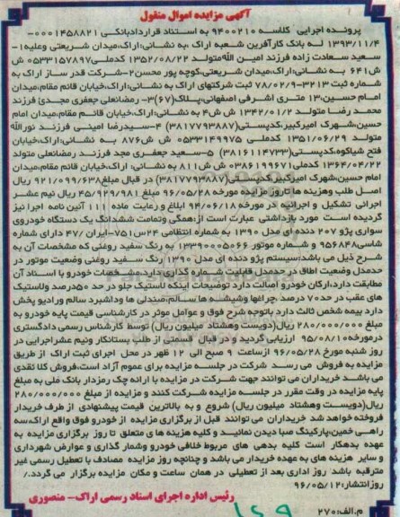 مزایده, مزایده ششدانگ یک دستگاه خودروی سواری پژو 207