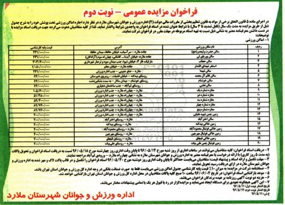 آگهی مزایده , مزایده اجاره اماکن ورزشی تحت پوشش... نوبت دوم 