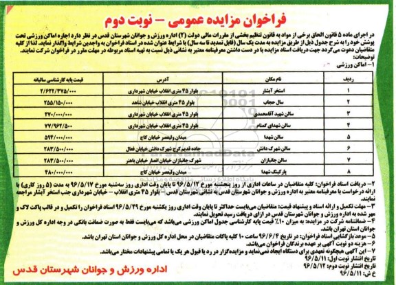 آگهی مزایده ،آگهی مزایده اجاره اماکن ورزشی... نوبت دوم