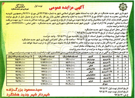 آگهی مزایده عمومی ,مزایده تجاره واحدهای تجاری بازار روز