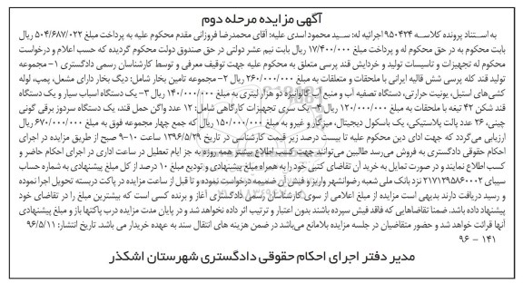 آگهی مزایده ,مزایده قند کله پرسی- مرحله دوم