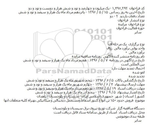 مزایده ,مزایده فروش حدود ۱۵۰ تن انواع کنتور اسقاط ومستعمل دیجیتالی و میکانیکی بهنراه کلیه متعلقات انها   