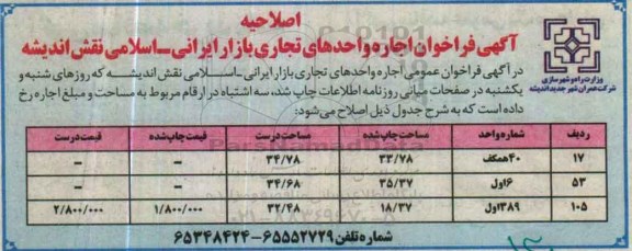 اصلاحیه , فراخوان اجاره واحدهای تجاری بازار ایرانی - اسلامی نقش اندیشه