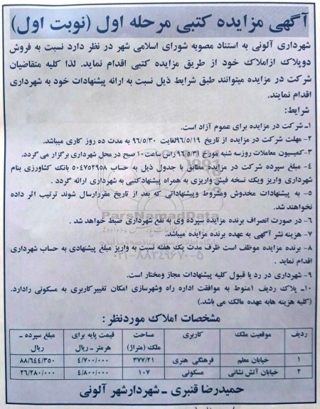 مزایده,مزایده دو پلاک از املاک مساحت 377.21 و 107متر