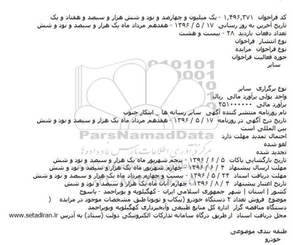 مزایده فروش تعداد ۲ دستگاه خودرو
