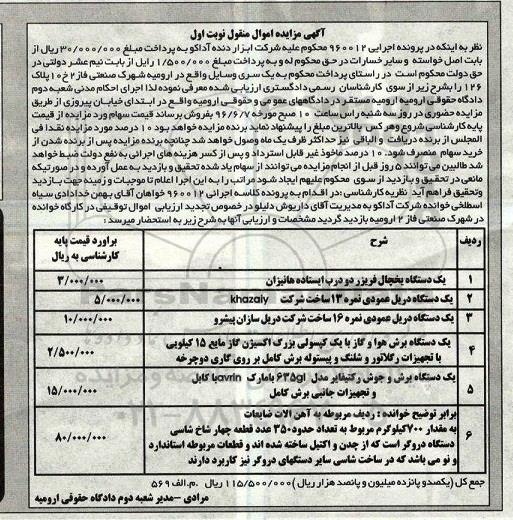 مزایده , مزایده دستگاه یخچال فریزر... نوبت اول 