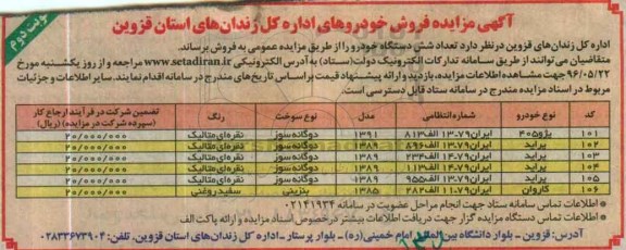 مزایده , مزایده فروش تعداد شش دستگاه خودرو نوبت دوم