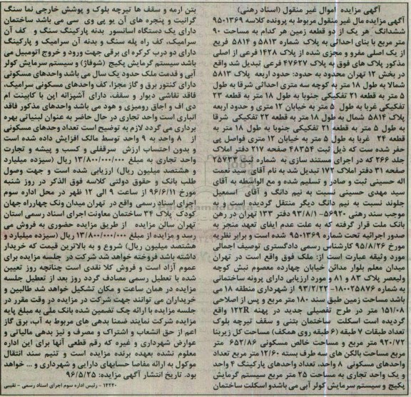 مزایده,مزایده ششدانگ هر یک از دو قطعه زمین هر کدام 90 متر