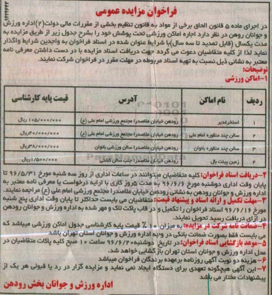 مزایده , مزایده اجاره اماکن ورزشی تحت پوشش 96.5.29