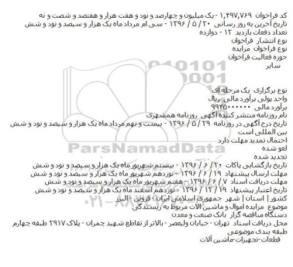 مزایده اموال و ماشین آلات مربوط به ریسندگی