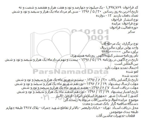  مزایده اموال و ماشین آلات مربوط به ریسندگی