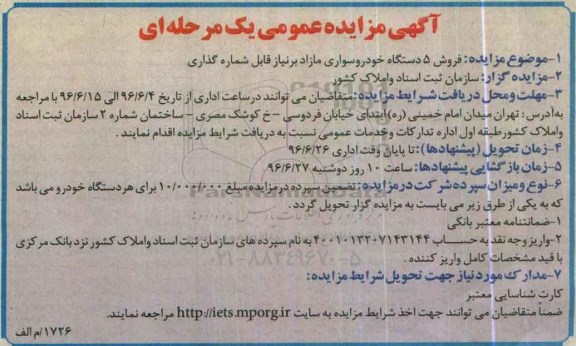مزایده ، مزایده فروش 5 دستگاه خودروسواری مازاد برنیاز
