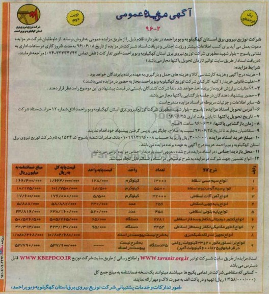 آگهی مزایده عمومی , مزایده انواع سیم مسی اسقاط...نوبت دوم