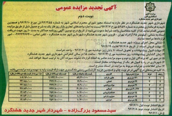 آگهی تجدید مزایده عمومی , مزایده اجاره واحدهای تجاری بازار روز تجدید نوبت دوم