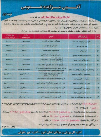 مزایده , مزایده اجاره سالن ورزشی شهدای ملک آباد
