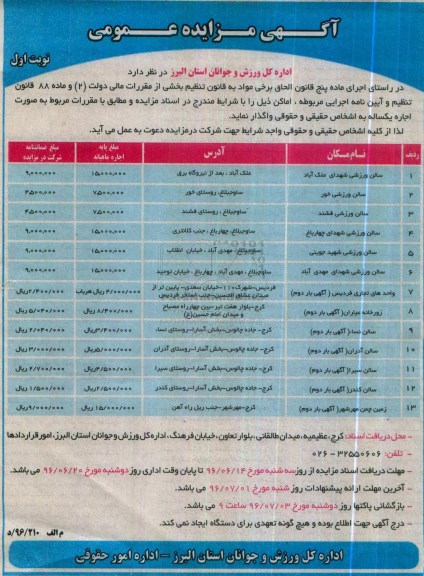 مزایده , مزایده اجاره سالن ورزشی شهدای ملک آباد 