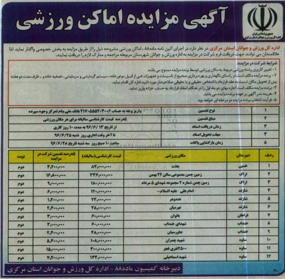 آگهی مزایده, مزایده اماکن ورزشی 96.6.12