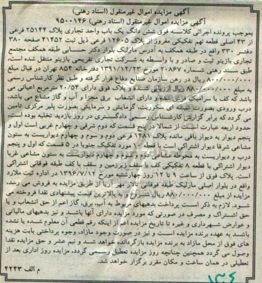 مزایده,مزایده ششدانگ یکباب واحد تجاری مساحت اعیان 20.54متر