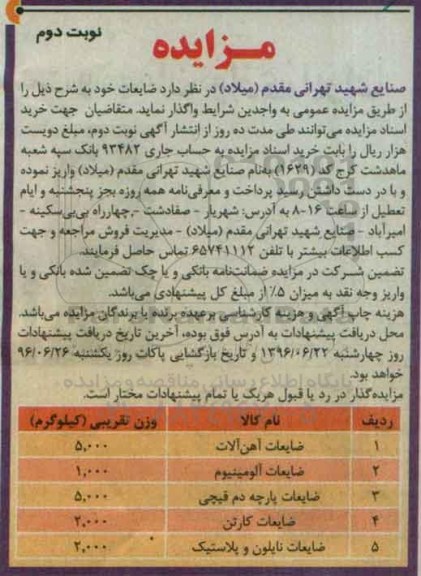 مزایده, مزایده فروش ضایعات - نوبت دوم