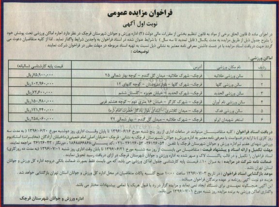 آگهی مزایده , مزایده اجاره اماکن ورزشی