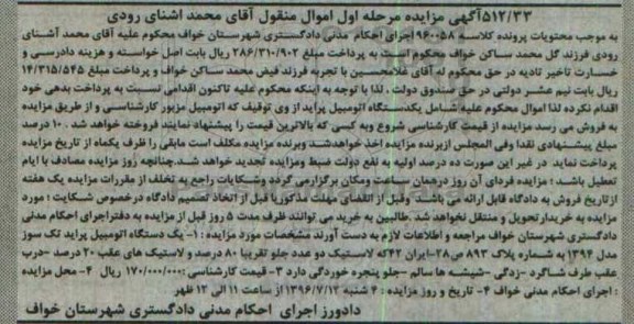 مزایده , مزایده یک دستگاه اتومبیل پراید مدل 94 مرحله اول