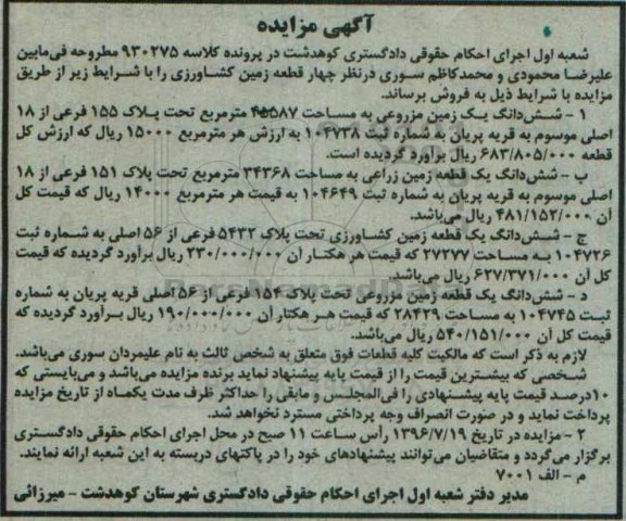 مزایده,مزایده 4 قطعه زمین کشاورزی