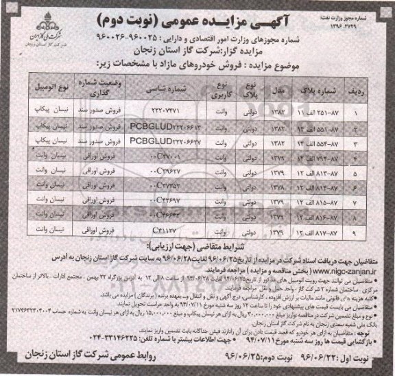 مزایده عمومی , مزایده عمومی فروش خودروهای مازاد - نوبت دوم