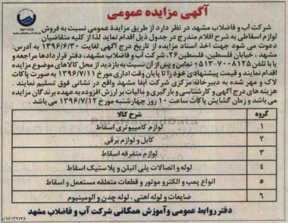 مزایده نسبت به فروش لوازم اسقاطی