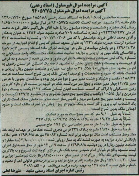 مزایده,مزایده ششدانگ واحد مسکونی عرصه 188.32متر