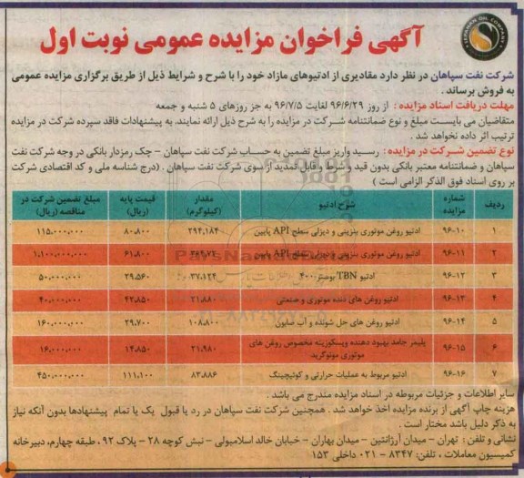 آگهی فراخوان مناقصه عمومی دو مرحله ای , مزایده مقادیری از ادتیوهای مازاد 