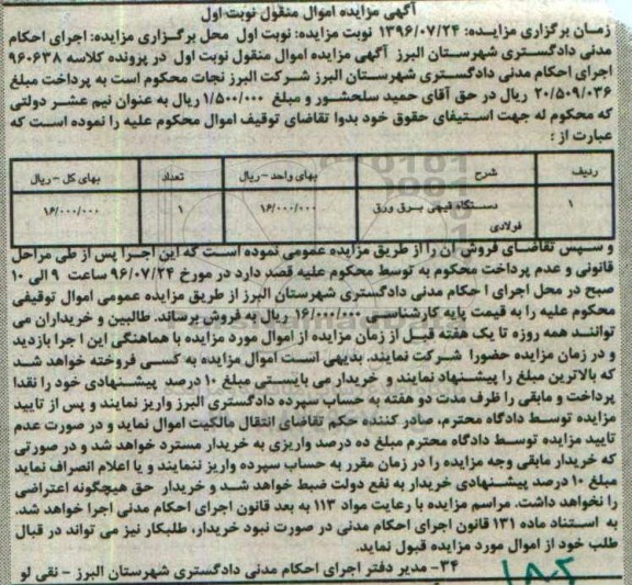 مزایده , مزایده دستگاه قیچی برق ورق فولادی نوبت اول