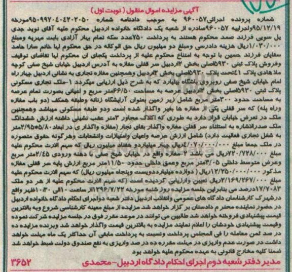 مزایده,مزایده ملک تجاری مسکونی عرصه 66.50متر