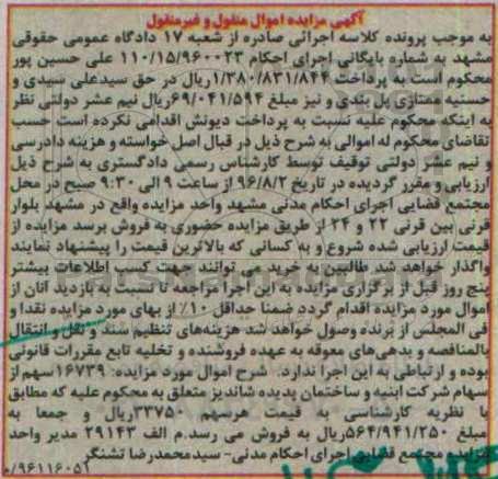 آگهی مزایده, مزایده 16739 سهم از سهام شرکت ابنیه و ساختمان پدیده شاندیز