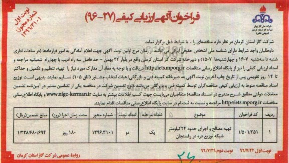فراخوان آگهی ارزیابی کیفی, فراخوان تهیه مصالح و اجرای حدود 24 کیلومتر شبکه توزیع دره در رفسنجان