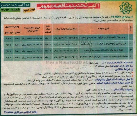 تجدید مناقصه اجرای مخزن ژئوممبران با ظرفیت 3000 مترمکعب ... تجدید نوبت دوم 