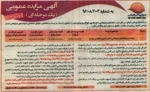 آگهی مزایده عمومی یک مرحله ای , مزایده واگذاری فضاهای تبلیغاتی داخل کابین ناوگان پروازی