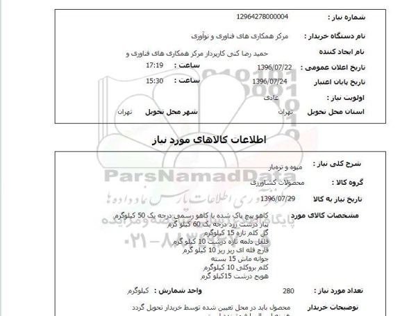 استعلام, استعلام میوه و تره بار