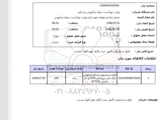 استعلام, استعلام مایع دستشویی اکتیو 