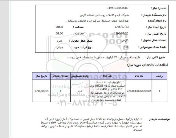 استعلام, استعلام تابلو سافت استارت 75 کیلووات