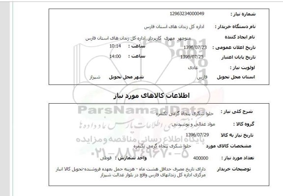 استعلام, استعلام حلوا شکری پنجاه گرمی تکنفره