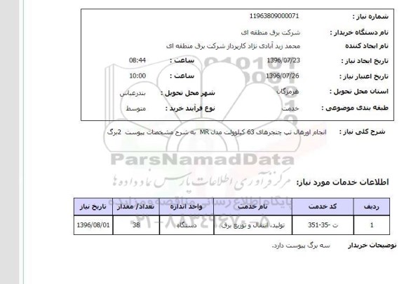 استعلام, استعلام انجام اورهال تپ چنجرهای 63 کیلوولت مدل MR