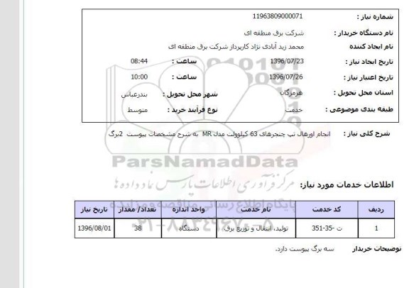 استعلام, استعلام انجام اورهال تپ چنجرهای 63 کیلوولت مدل MR 