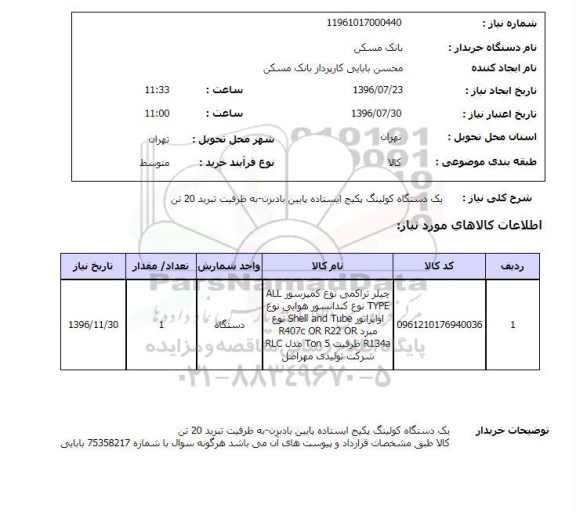 استعلام, استعلام یک دستگاه کولینگ پکیج 